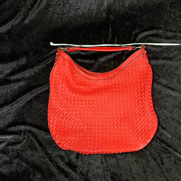 Red faux leather purse with woven front, zip close, interior pockets, outer zip - Picture 1 of 8